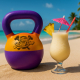 Colorful kettlebell and tropical piña colada with pineapple and umbrella sitting on sandy tropical beach with turquoise water and palm trees in the background, symbolizing the balance of fitness and relaxation during vacation workouts.
