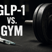 Side-by-side comparison of a gritty barbell and a medical syringe with the text GLP-1 vs Gym, symbolizing weight loss through exercise versus medication.