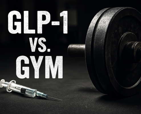 Side-by-side comparison of a gritty barbell and a medical syringe with the text GLP-1 vs Gym, symbolizing weight loss through exercise versus medication.