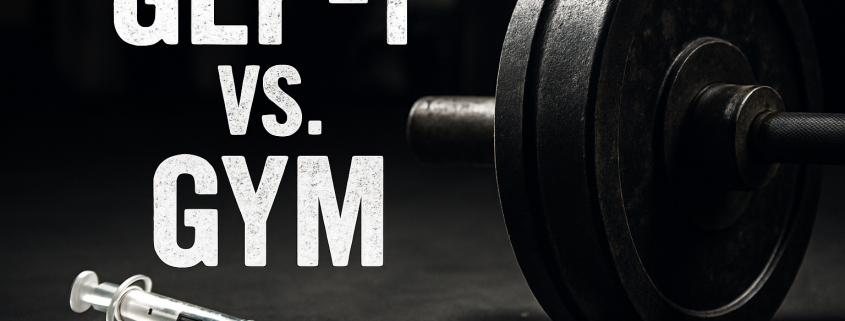 Side-by-side comparison of a gritty barbell and a medical syringe with the text GLP-1 vs Gym, symbolizing weight loss through exercise versus medication.